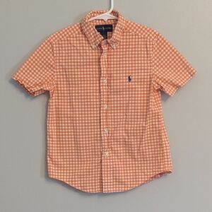 Ralph Lauren Boys Orange White Gingham Check Short Sleeve Cotton Shirt Size 6